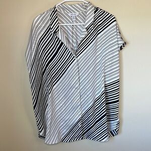 Nine West 2X Black and White Stripe Button-Down Top